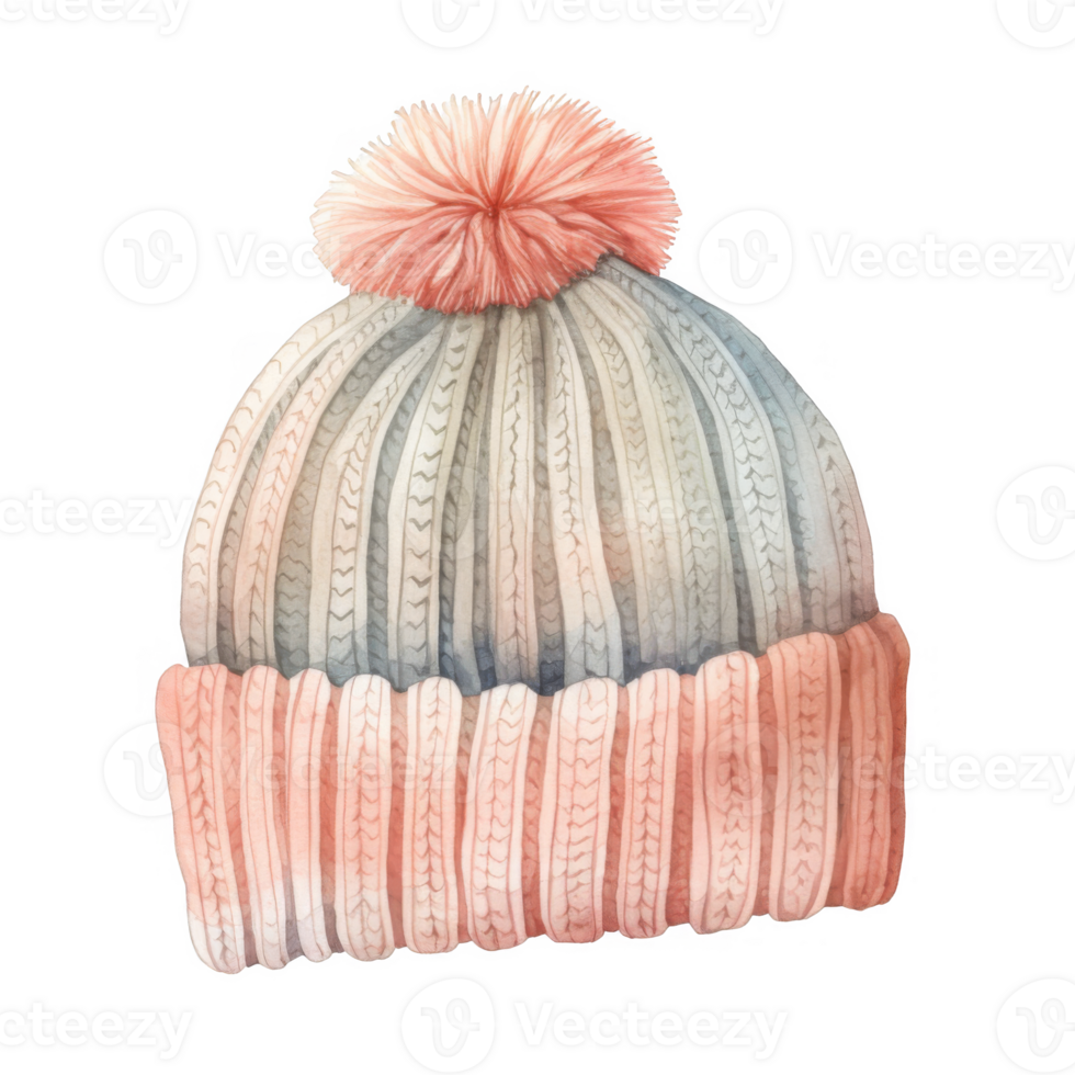 Watercolor Painting of a Peach and Gray Knit Winter Beanie with Pompom png