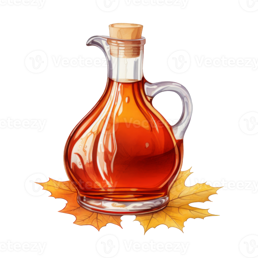 Amber-hued maple syrup in a glass decanter, resting on autumn leaves. png