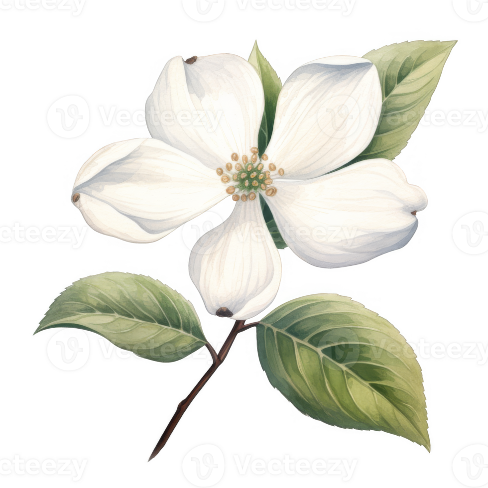 Watercolor Painting of a Single White Dogwood Blossom with Green Leaves png