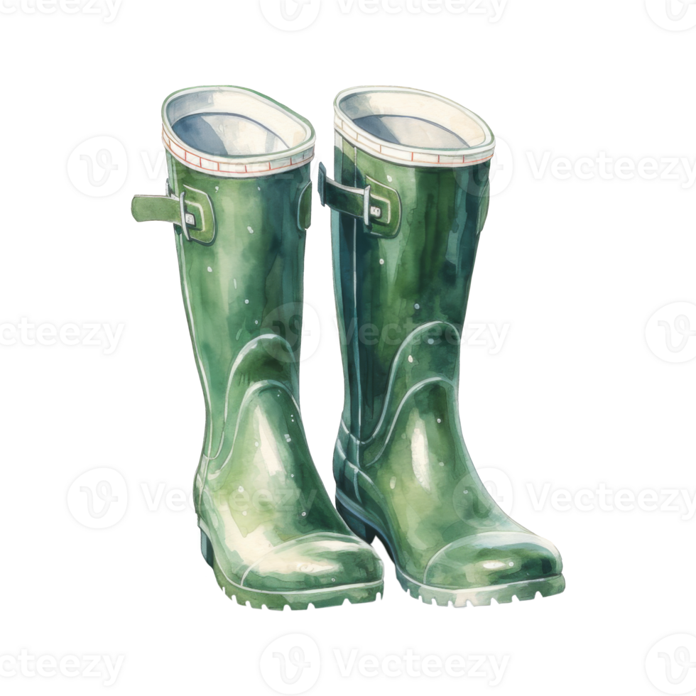 Watercolor Painting of a Pair of Green Rubber Boots png