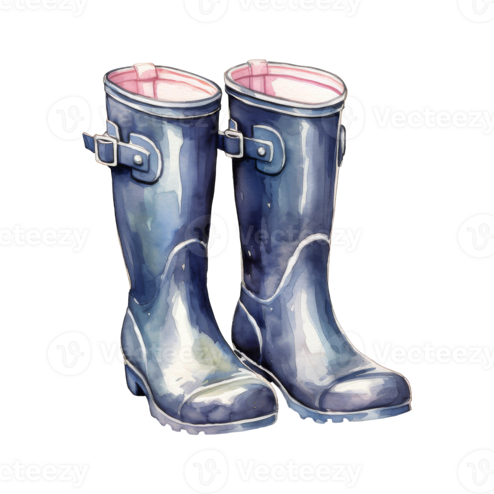 Watercolor Painting of a Pair of Blue Rubber Boots png