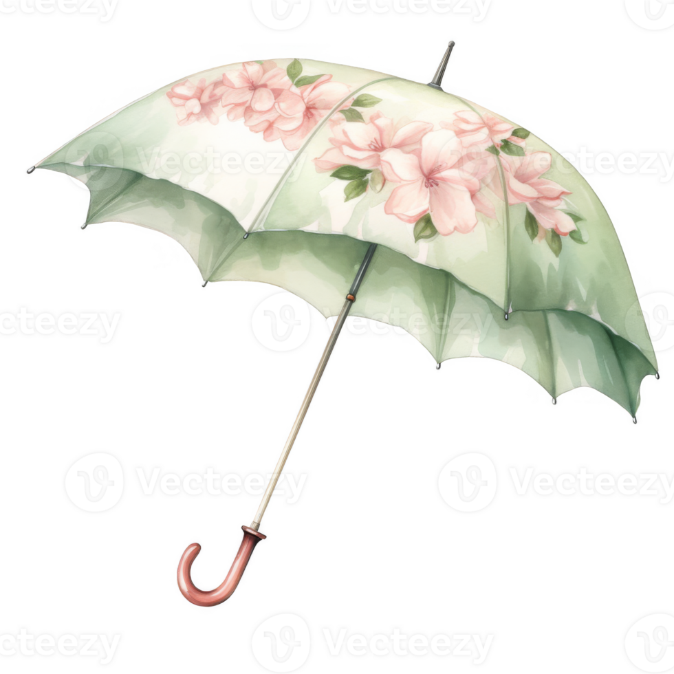 Elegant Green Parasol with Delicate Pink Floral Watercolor Design png