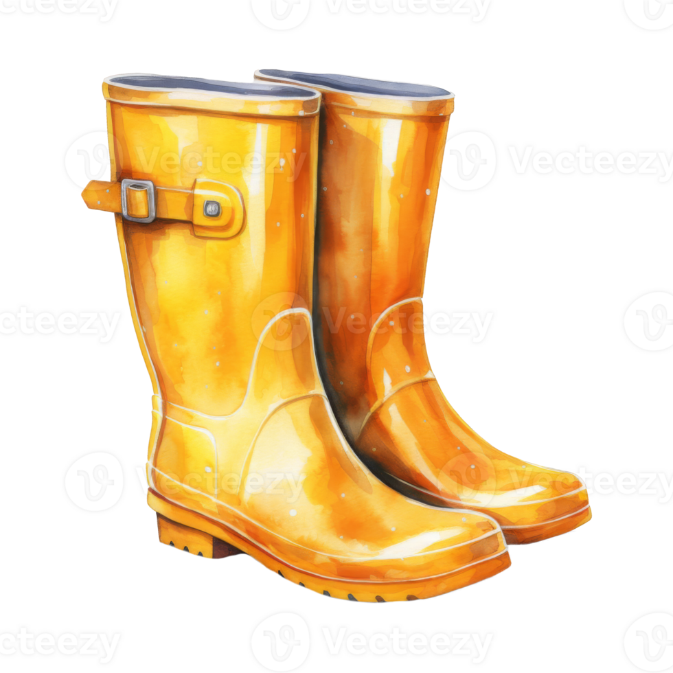 A pair of shiny, yellow rubber rain boots, watercolor style. png