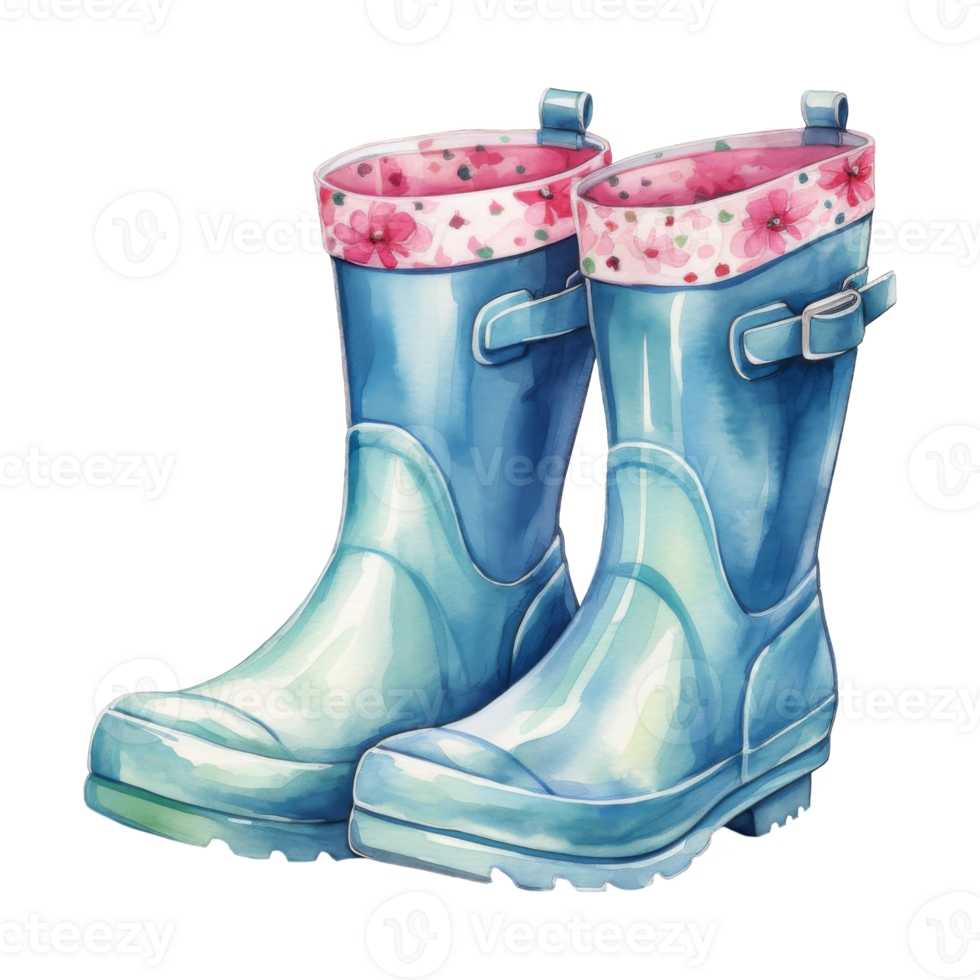 A Pair of Aqua Rain Boots with Floral-Patterned Linings in a Puddle png