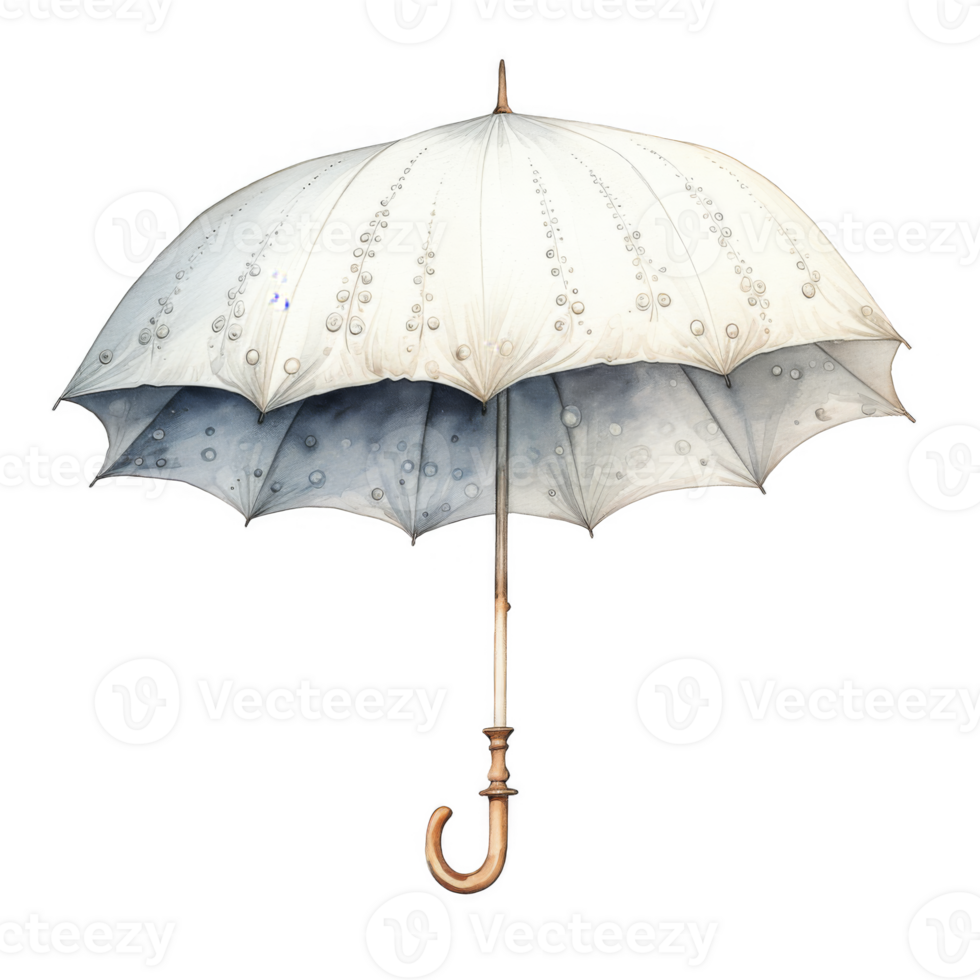Watercolor Painting of an Elegant White Umbrella with Wooden Handle, Wet from Rain png