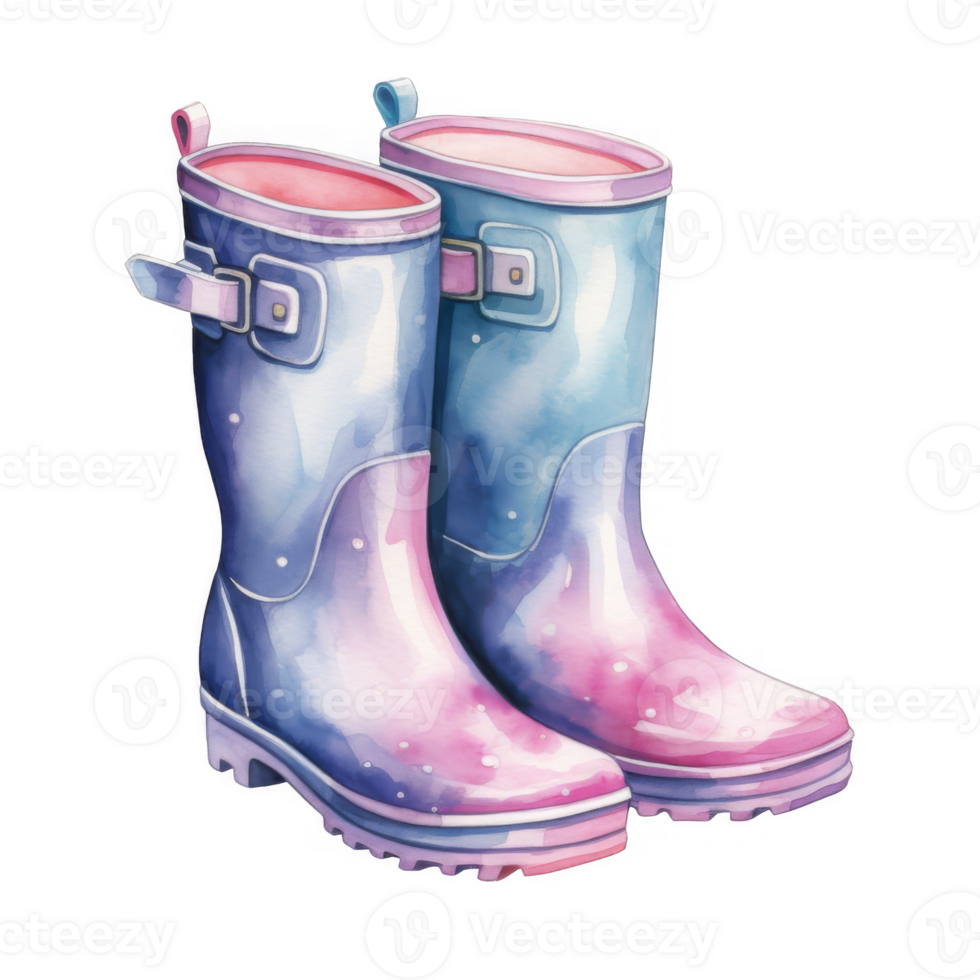 Watercolor Painting of a Pair of Pink and Blue Rain Boots png