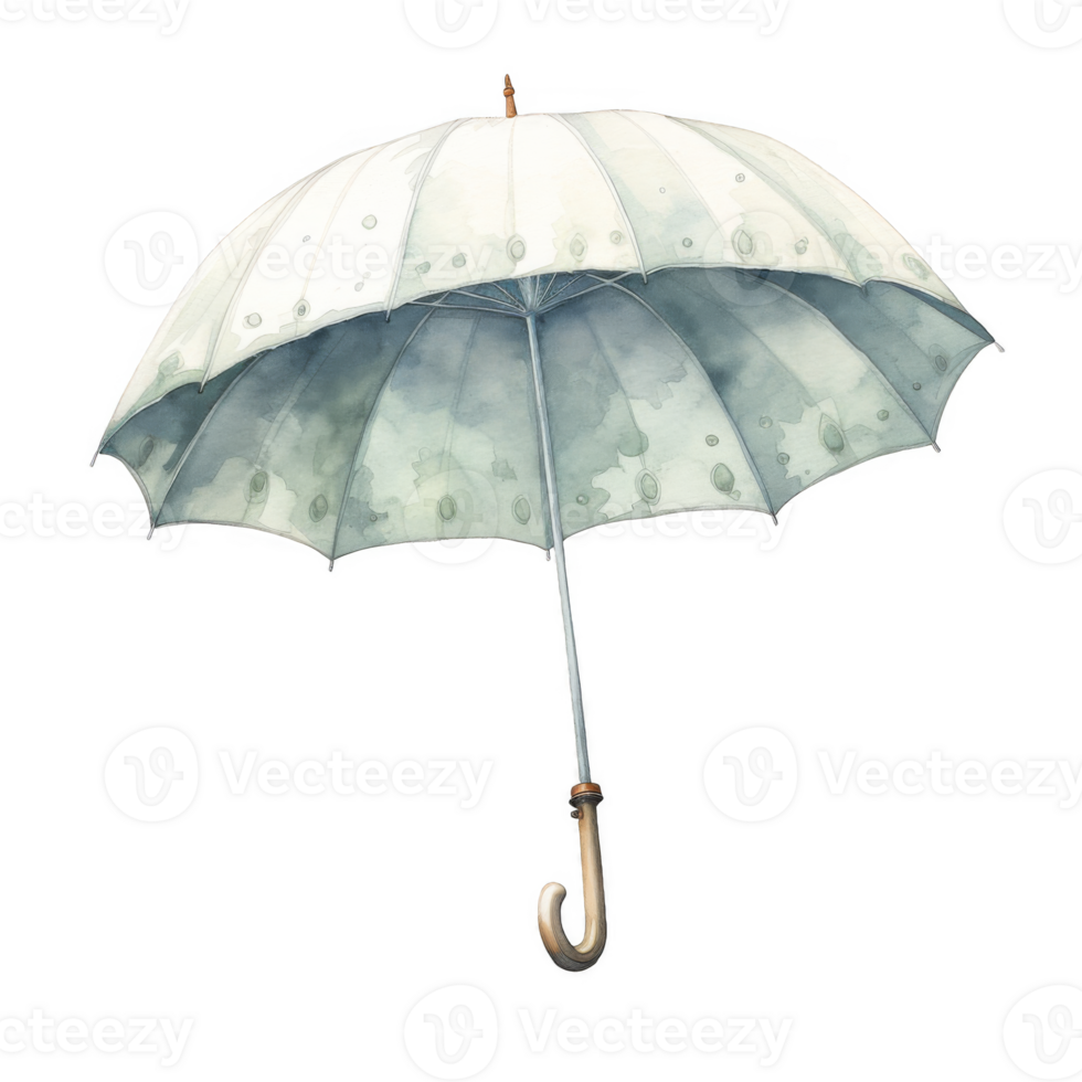 Watercolor Painting of an Antique Pale Green Umbrella with Water Droplets png