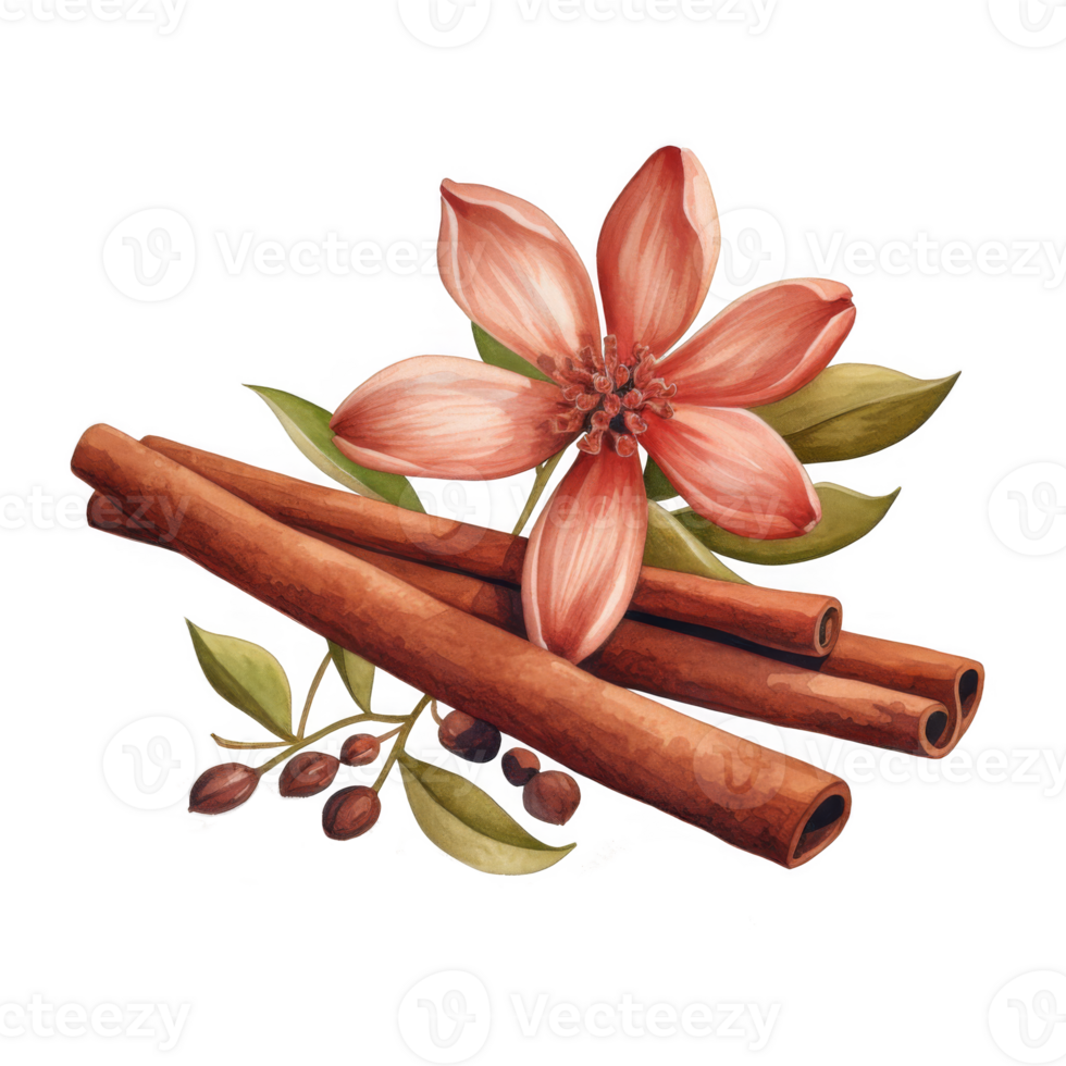 Watercolor painting of cinnamon sticks with a delicate pink flower and leaves. png