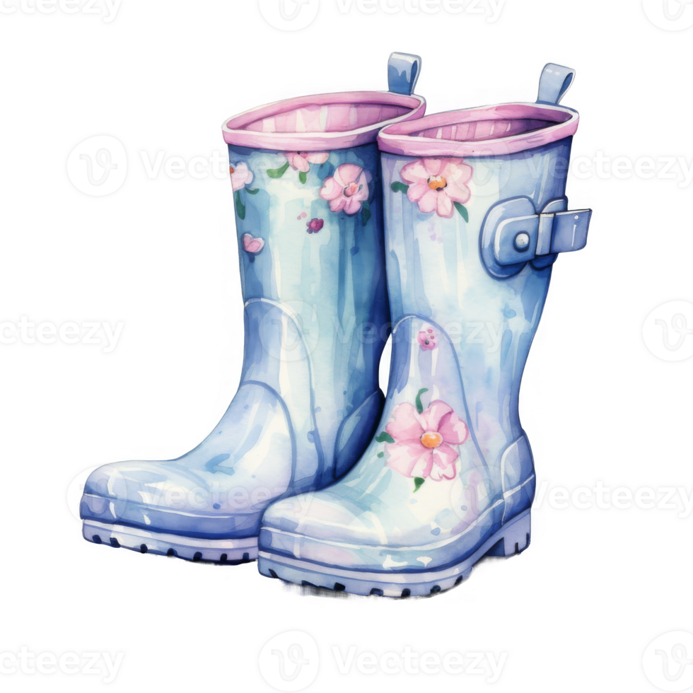Watercolor Painting of a Pair of Light Blue Floral Rain Boots png
