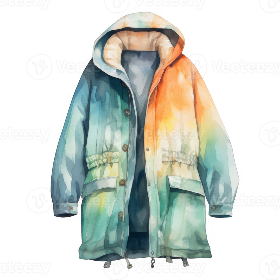 Watercolor Painting of a Hooded Tie-Dye Puffer Jacket png