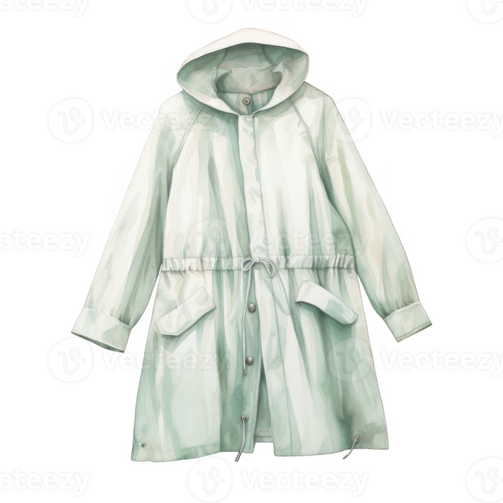 Watercolor Illustration of a Pale Green Hooded Long Coat with Drawstring Waist png