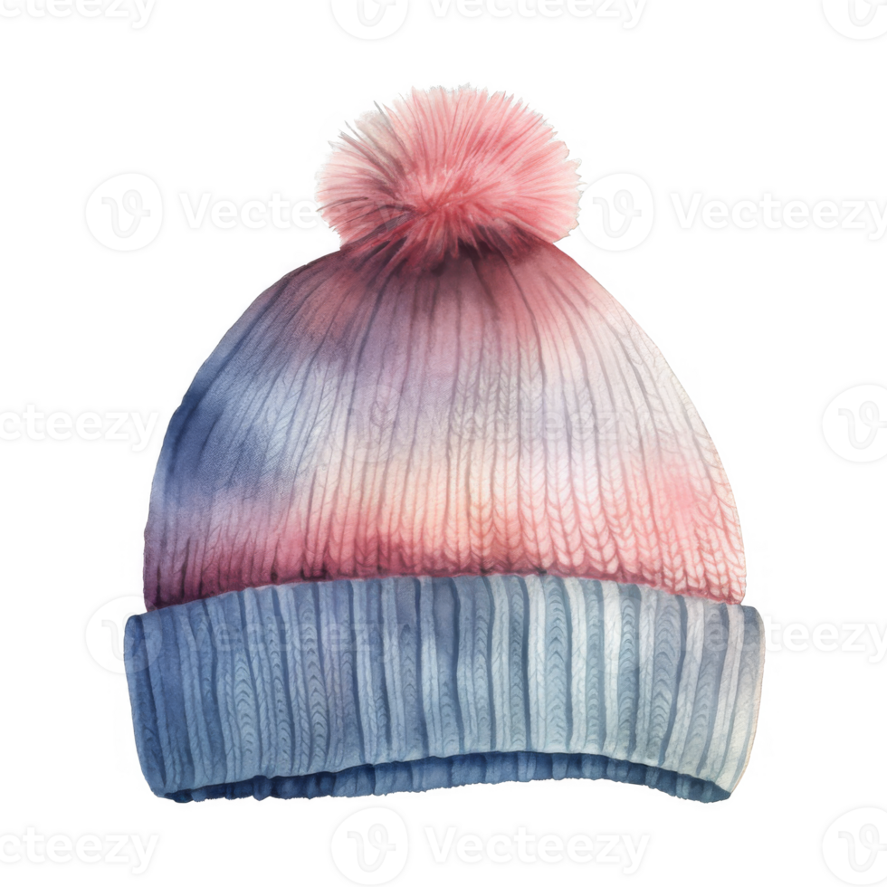 Watercolor Painting of a Pink and Gray Knit Winter Hat with Pompom png