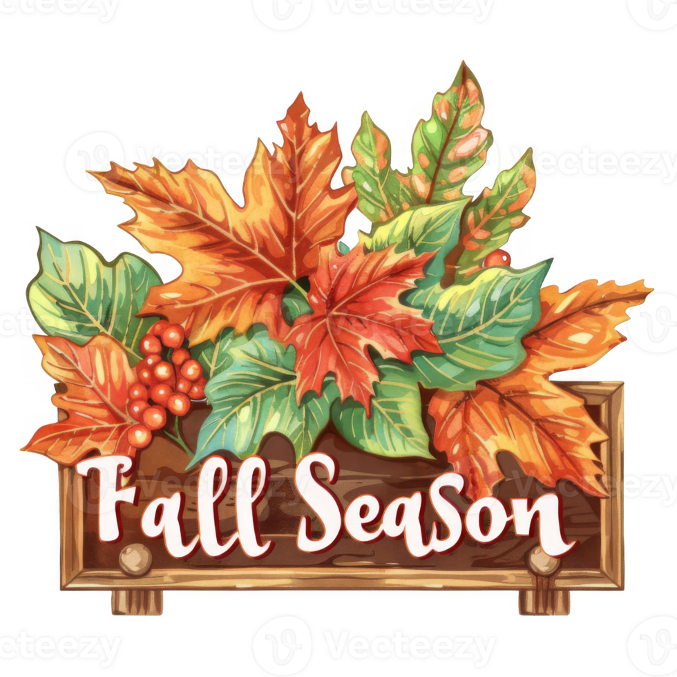 Autumnal Leaves and Berries on Wooden Fall Season Sign png