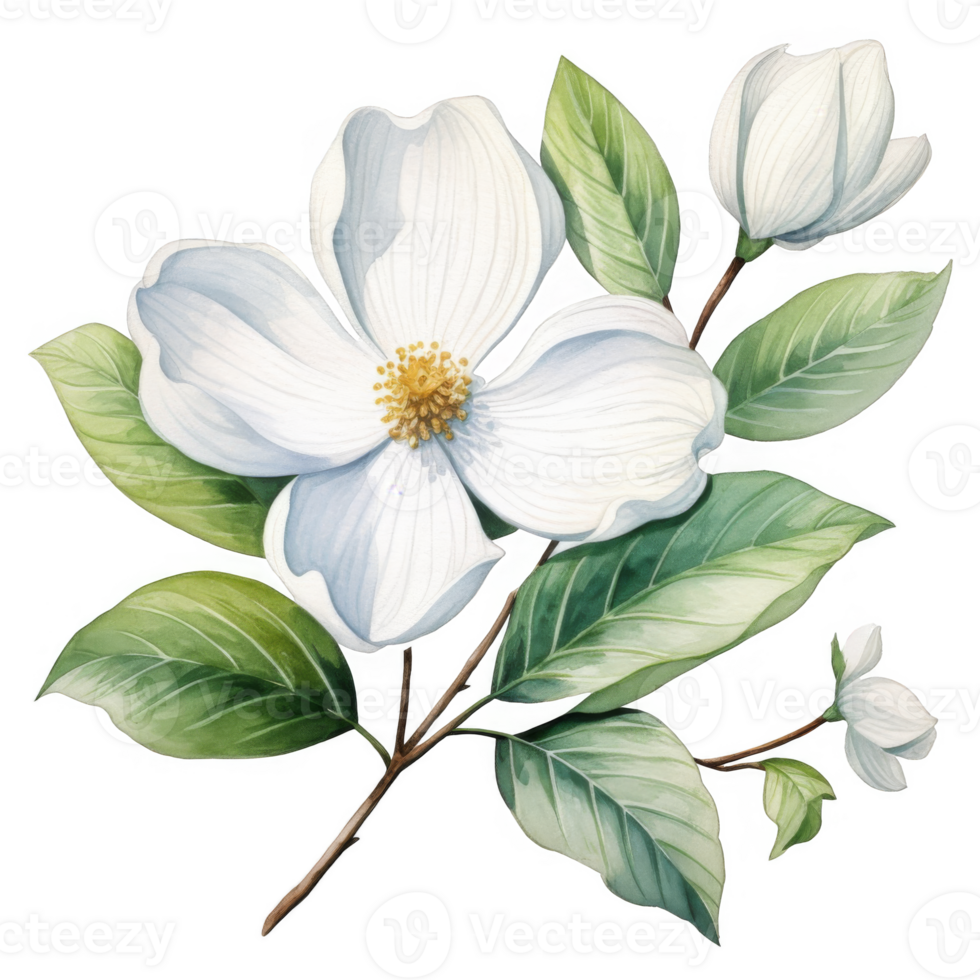 Watercolor painting of a dogwood blossom branch with multiple white flowers and green leaves. png
