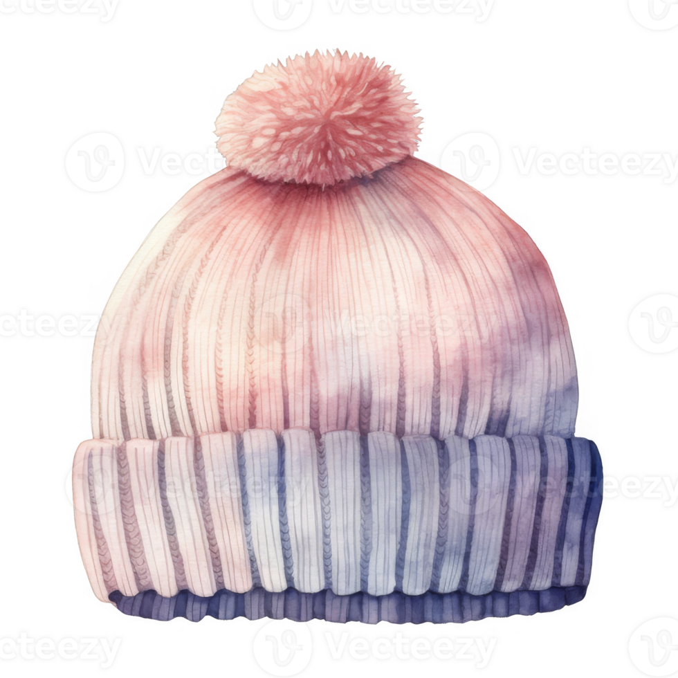 Watercolor Painting of a Pink and Purple Knit Winter Hat with Pompom png