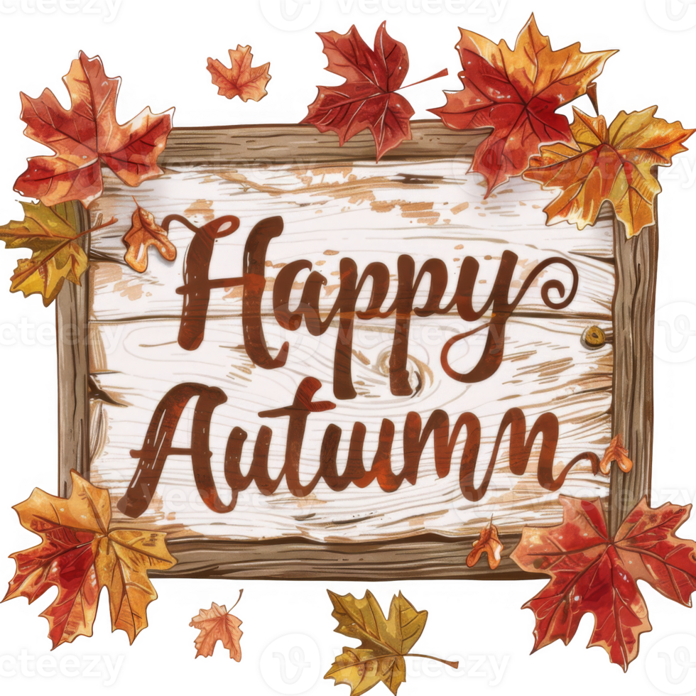 Autumnal Leaves on Wooden Happy Autumn Sign png