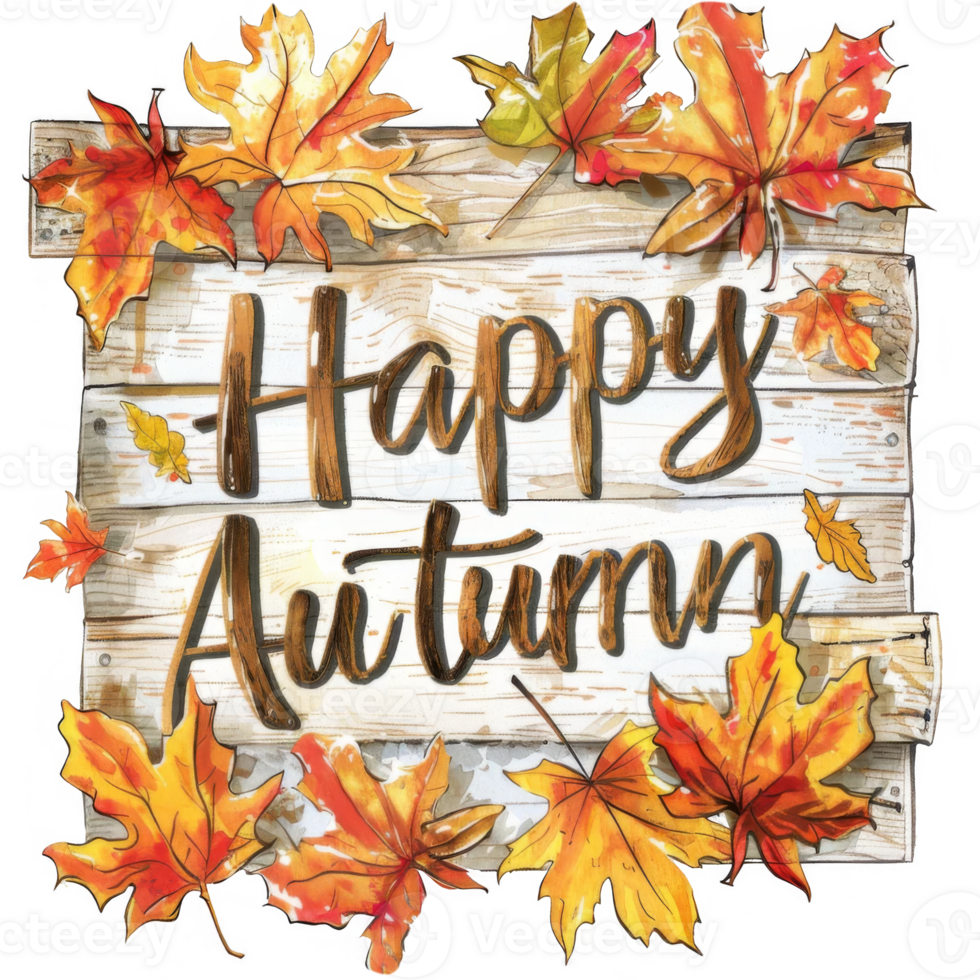 Autumnal Leaves on Wooden Happy Autumn Sign png