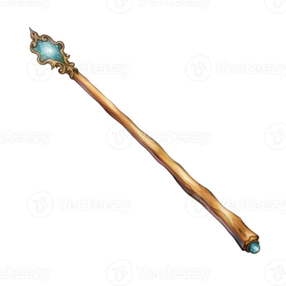 Ornate Wooden Staff with Teal Gemstone Inlays and Filigree png