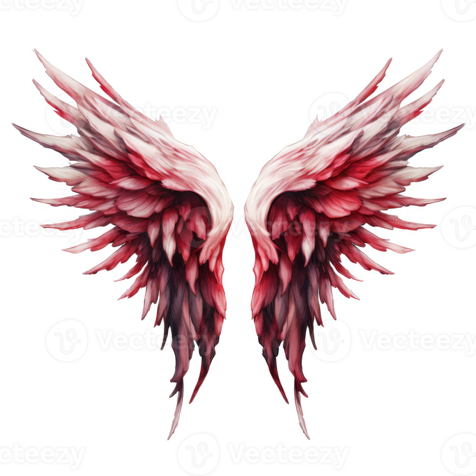 A pair of crimson and white feathered wings against a black background. png