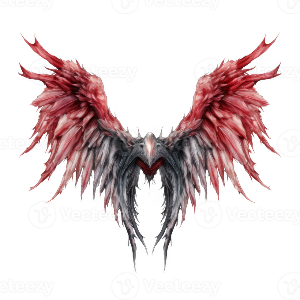 Dark, stylized wings with red and grey plumage, a central, demonic head. png
