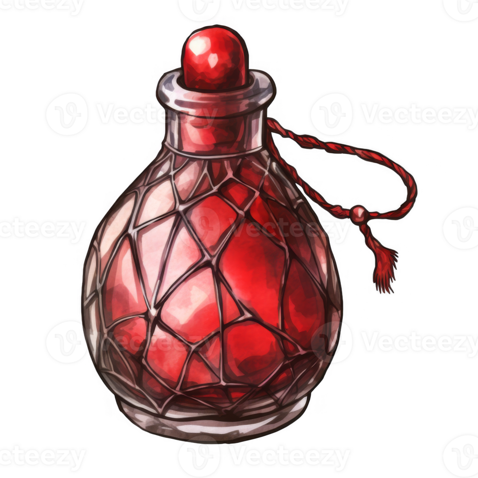 Red potion bottle with a faceted design and red cord stopper. png