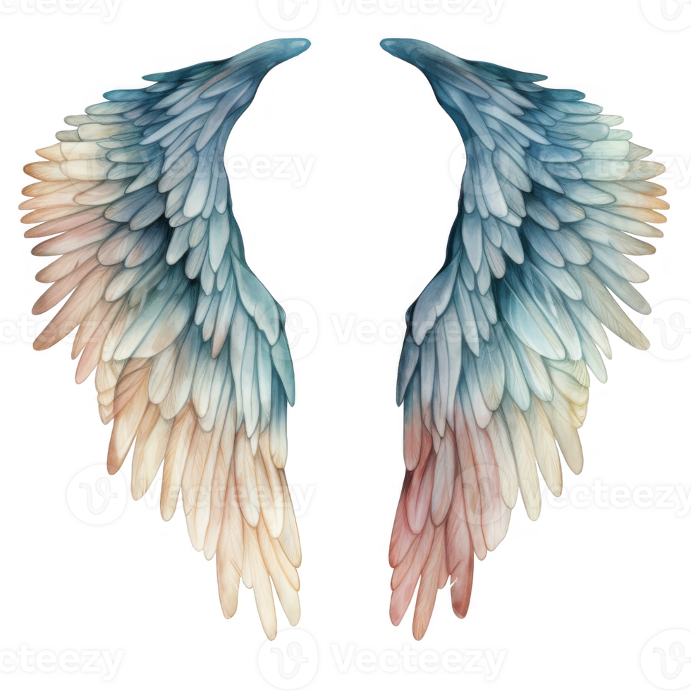Pair of ethereal, watercolor-painted wings with gradient color tones. png