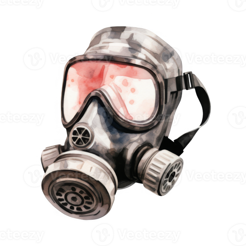 Watercolor painting of a military gas mask with red splotches on the lenses. png