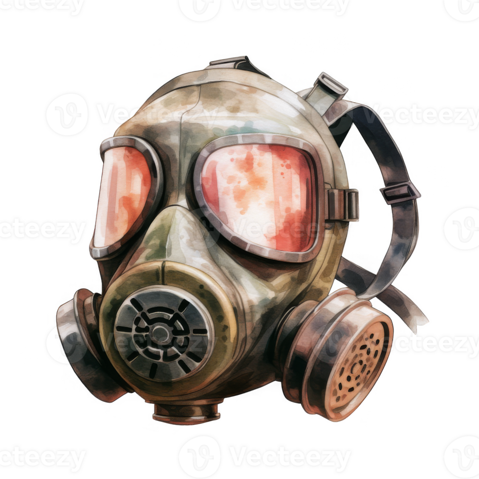 Watercolor Painting of a Camouflaged Gas Mask with Red Lenses png