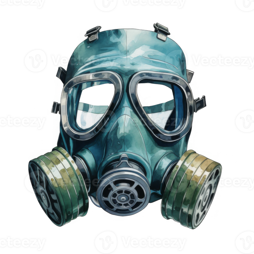 Watercolor Painting of a Teal and Gray Gas Mask png