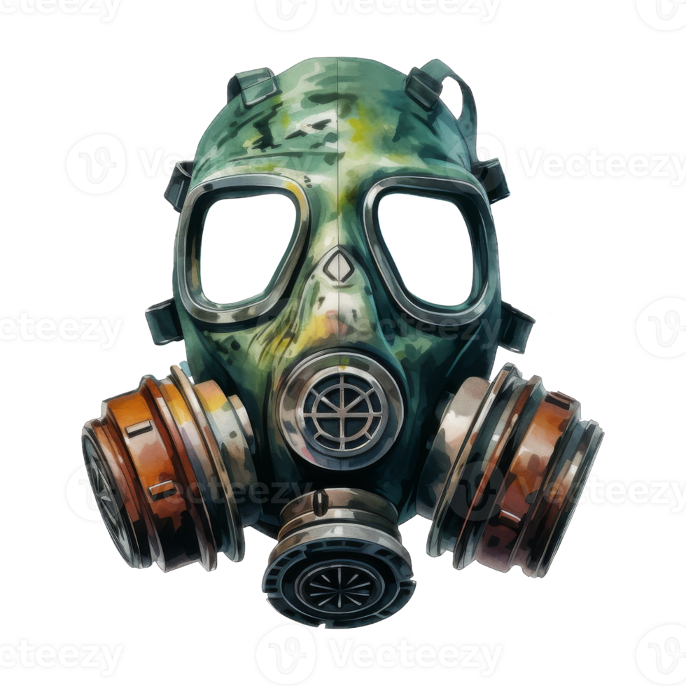 Camouflaged Gas Mask with Watercolor Splashes on Black Background png