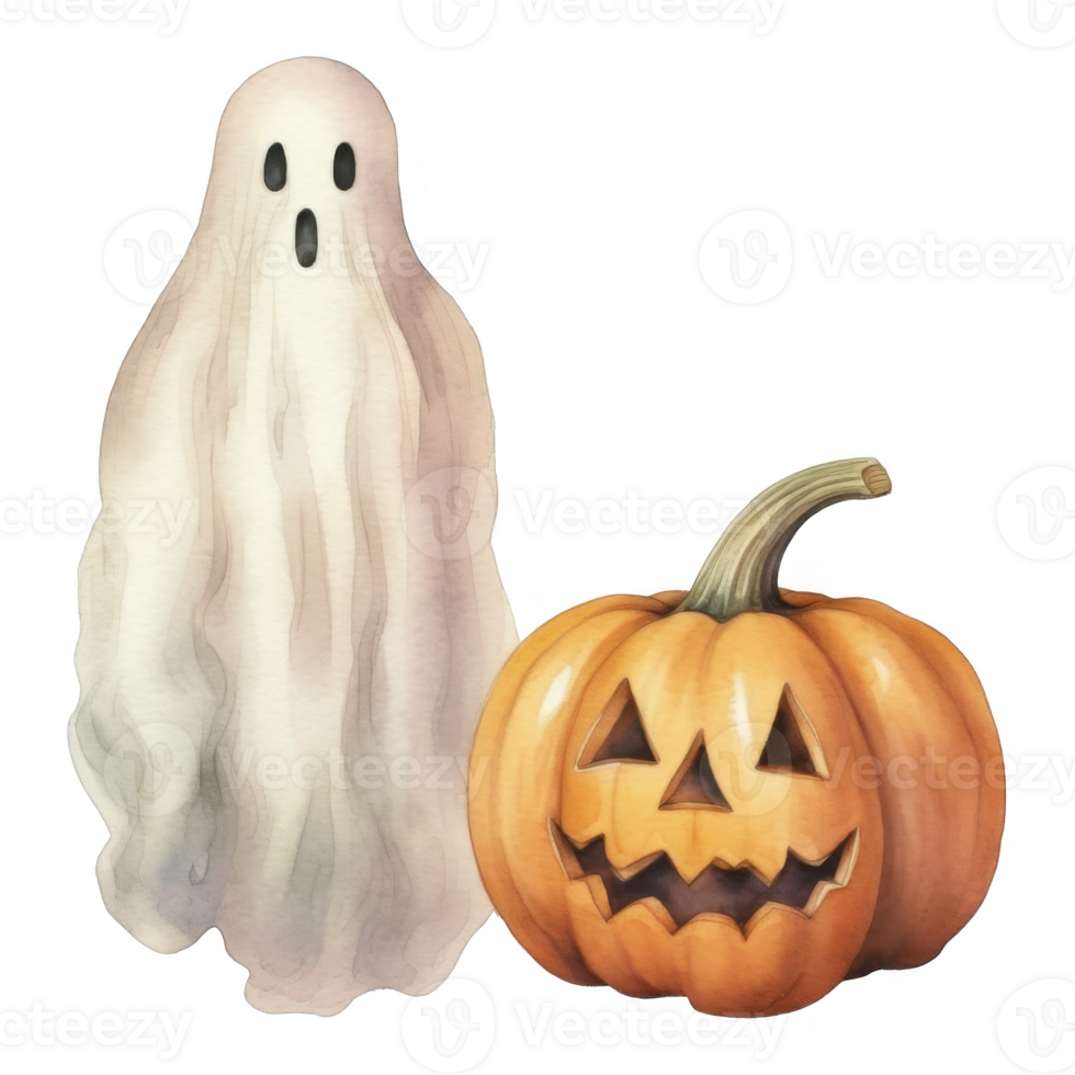 Watercolor illustration of a friendly ghost and a carved jack-o'-lantern pumpkin. png