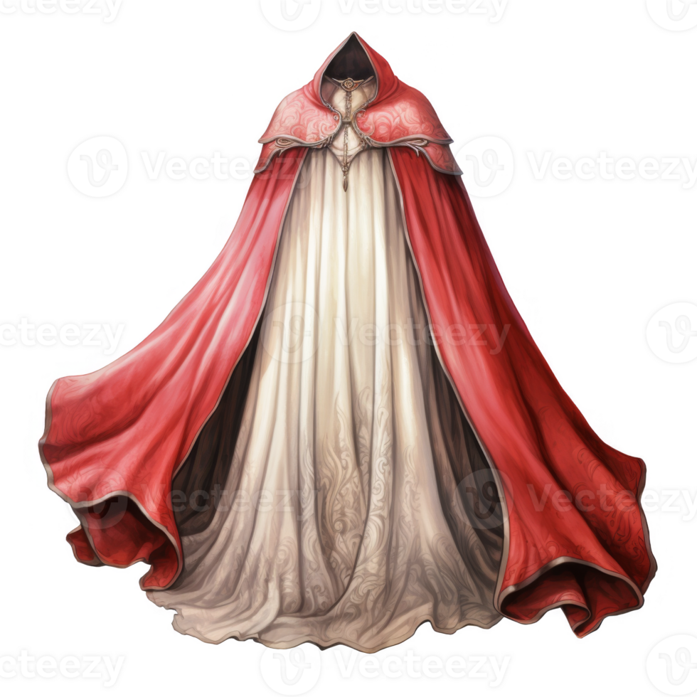 Elegant Hooded Gown with a Red Cloak and Intricate Embellishments png