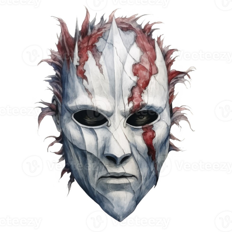 A Watercolor Painting of a Stone Mask with Crimson Streaks and Spiky Hair png