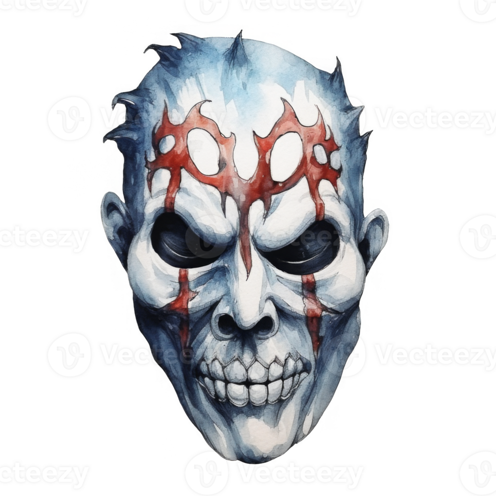 Watercolor painting of a menacing skull-like mask with red tribal markings. png