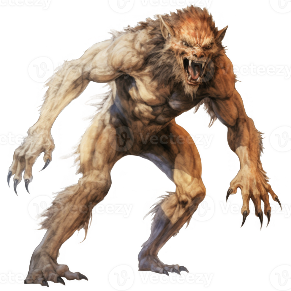 Powerful, snarling werewolf, muscular physique, detailed fur, and sharp claws. png