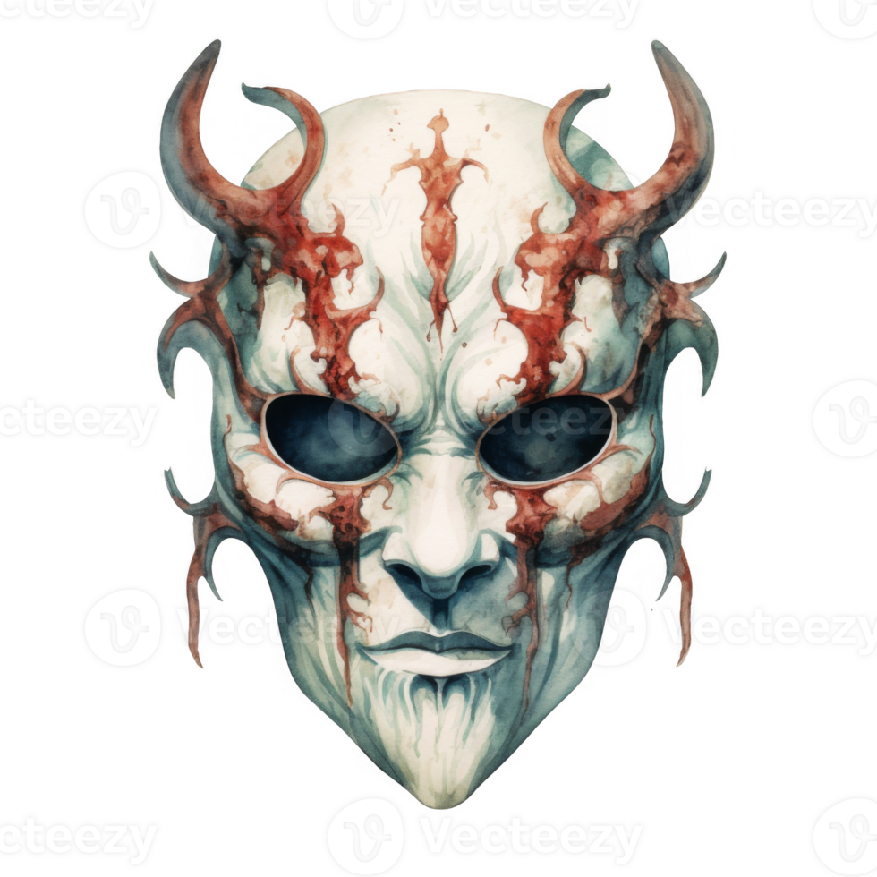 An Intricate Watercolor Painting of a Fantastical Mask with Horns png