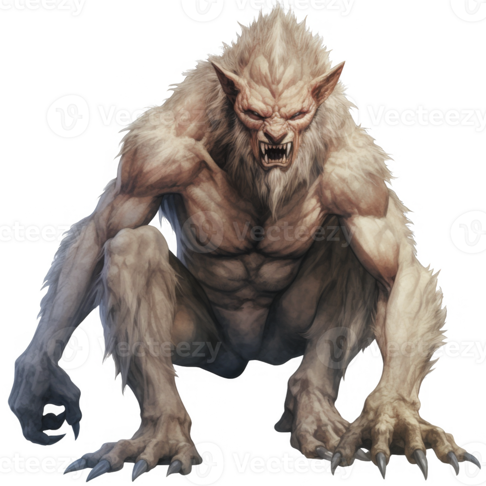 A Powerful, Angry, White Werewolf Crouches, Ready to Attack. png
