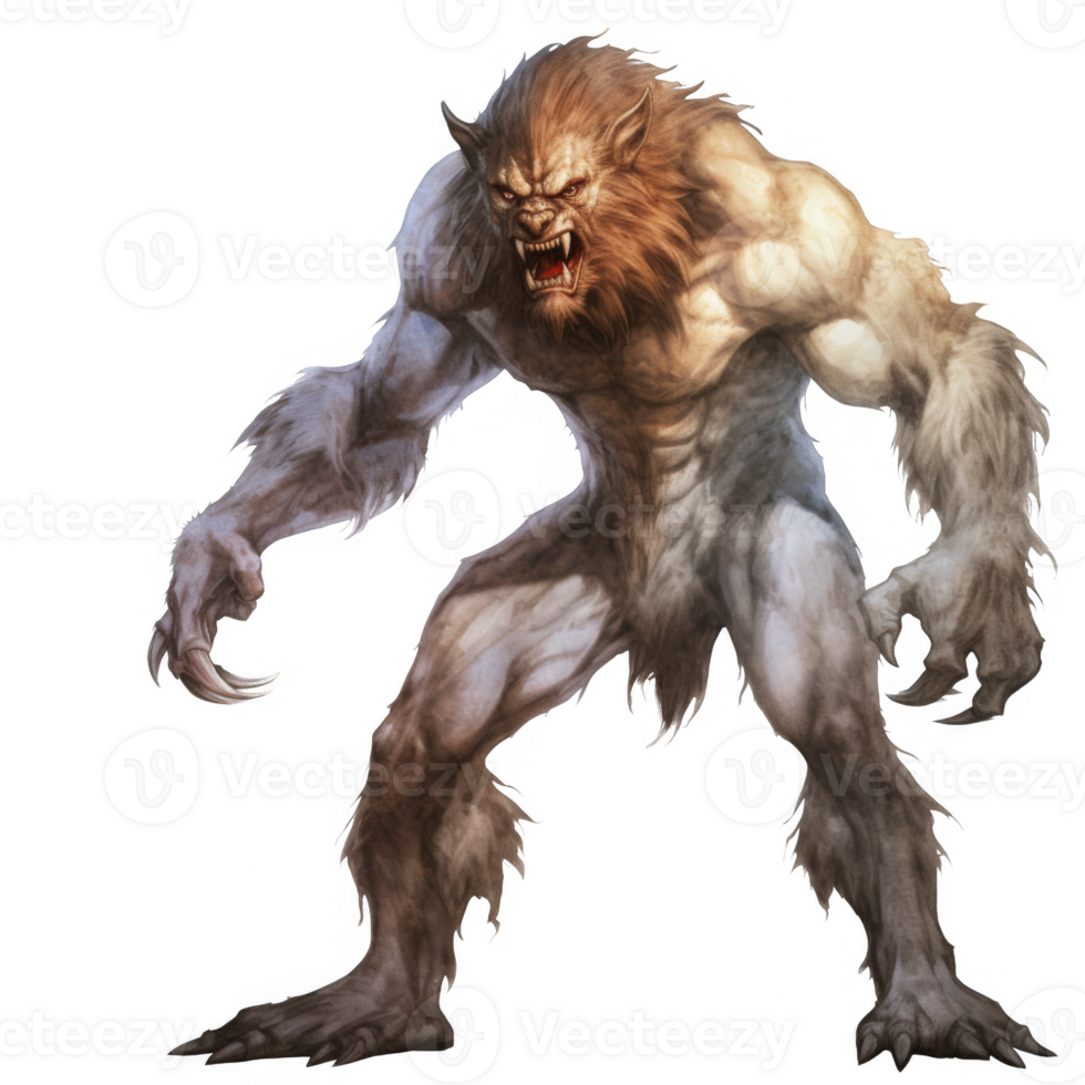 Powerful, Ferocious Anthropomorphic Wolf-like Creature with Sharp Claws png