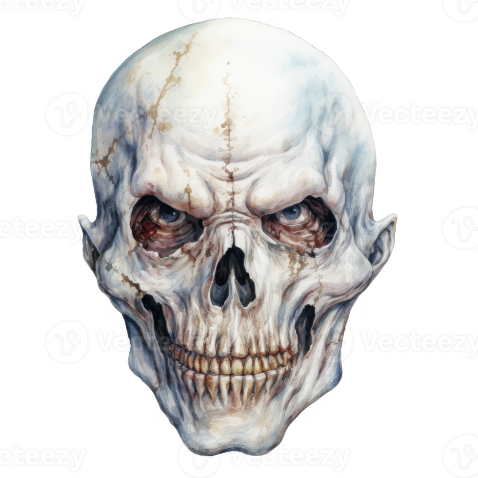Watercolor Painting of a Gnarled, Menacing Skull with Intricate Detail png
