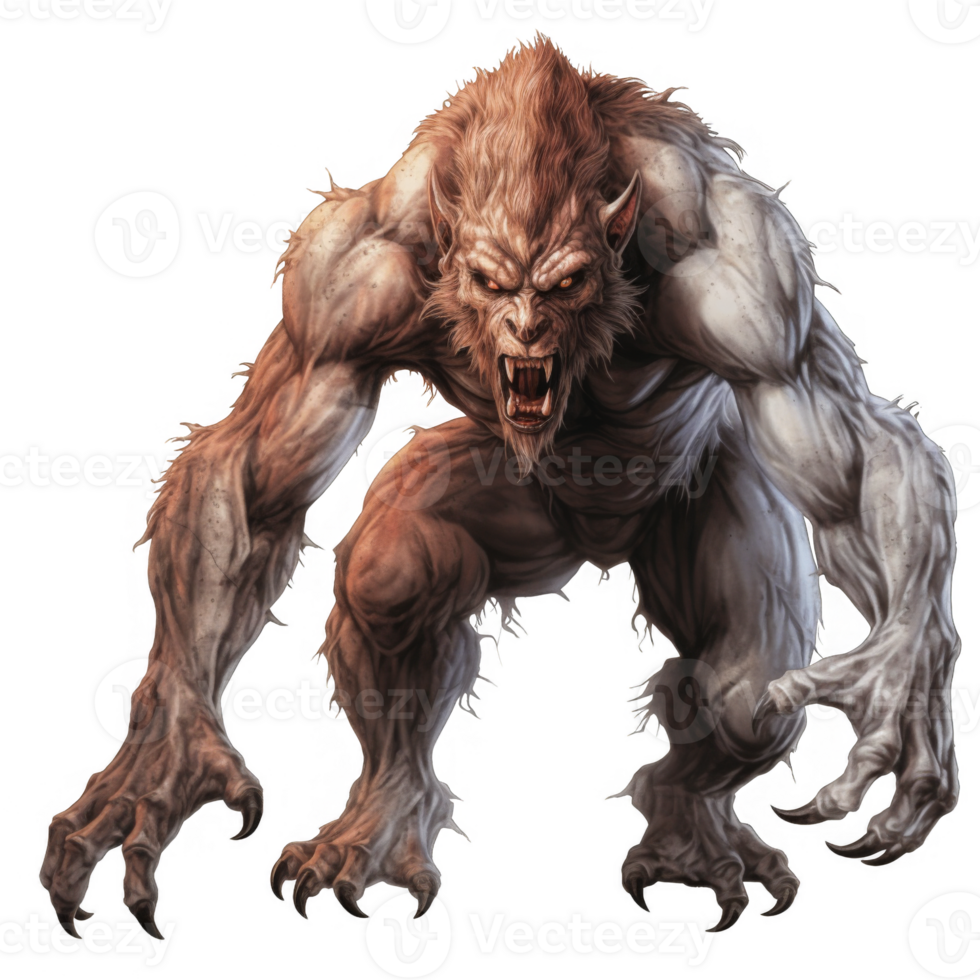 Powerful, Muscular Werewolf with Ferocious Expression and Sharp Claws png