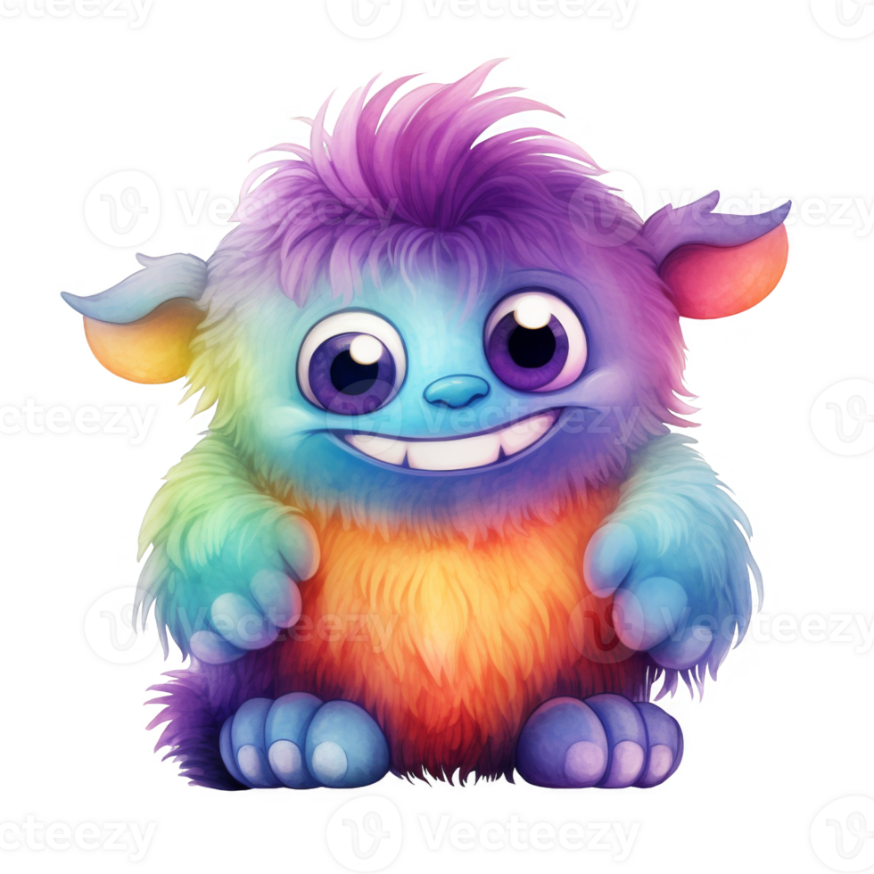 Rainbow-Colored Fuzzy Monster with Large Eyes and a Friendly Smile png