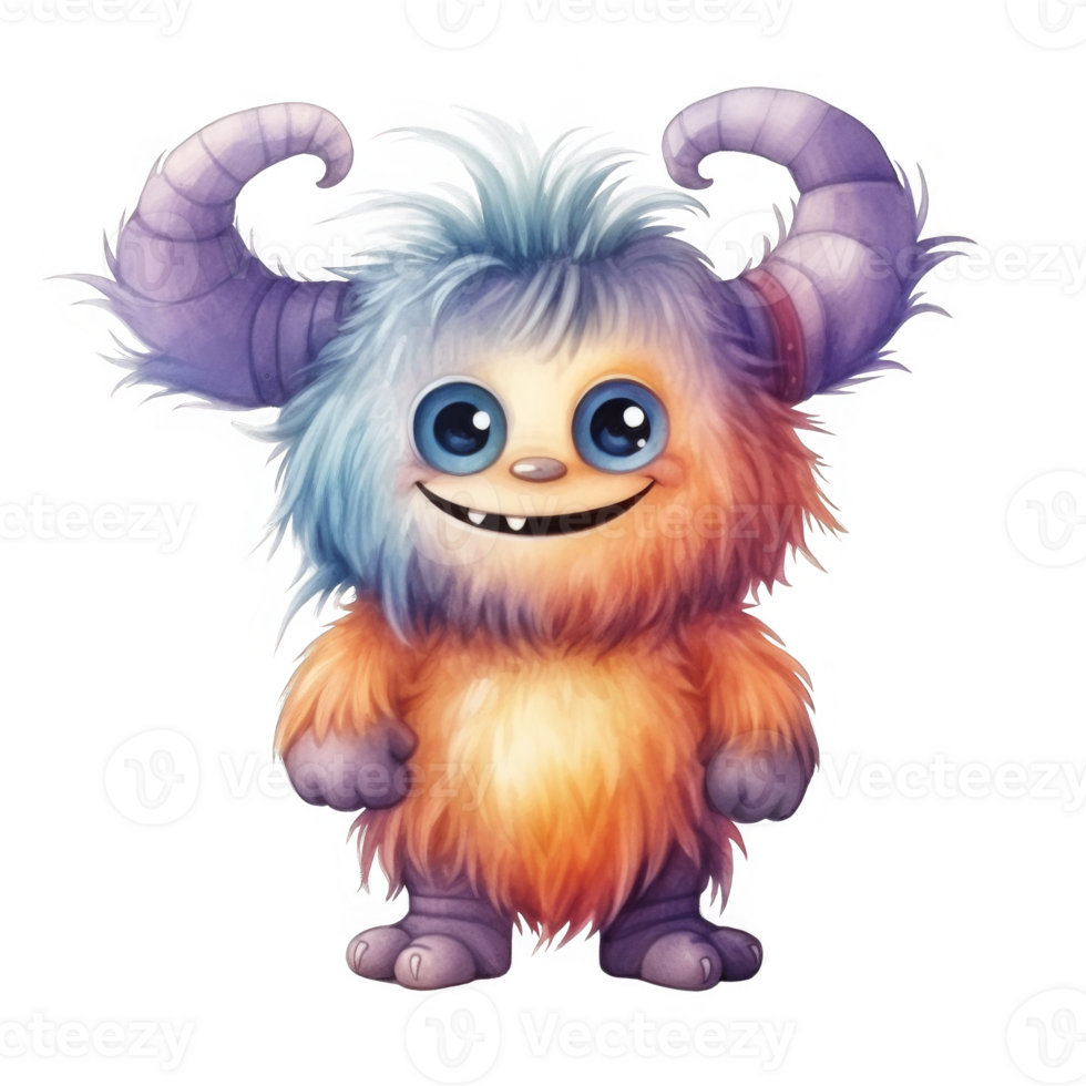 Adorable Fluffy Monster with Big Eyes and Curving Horns png