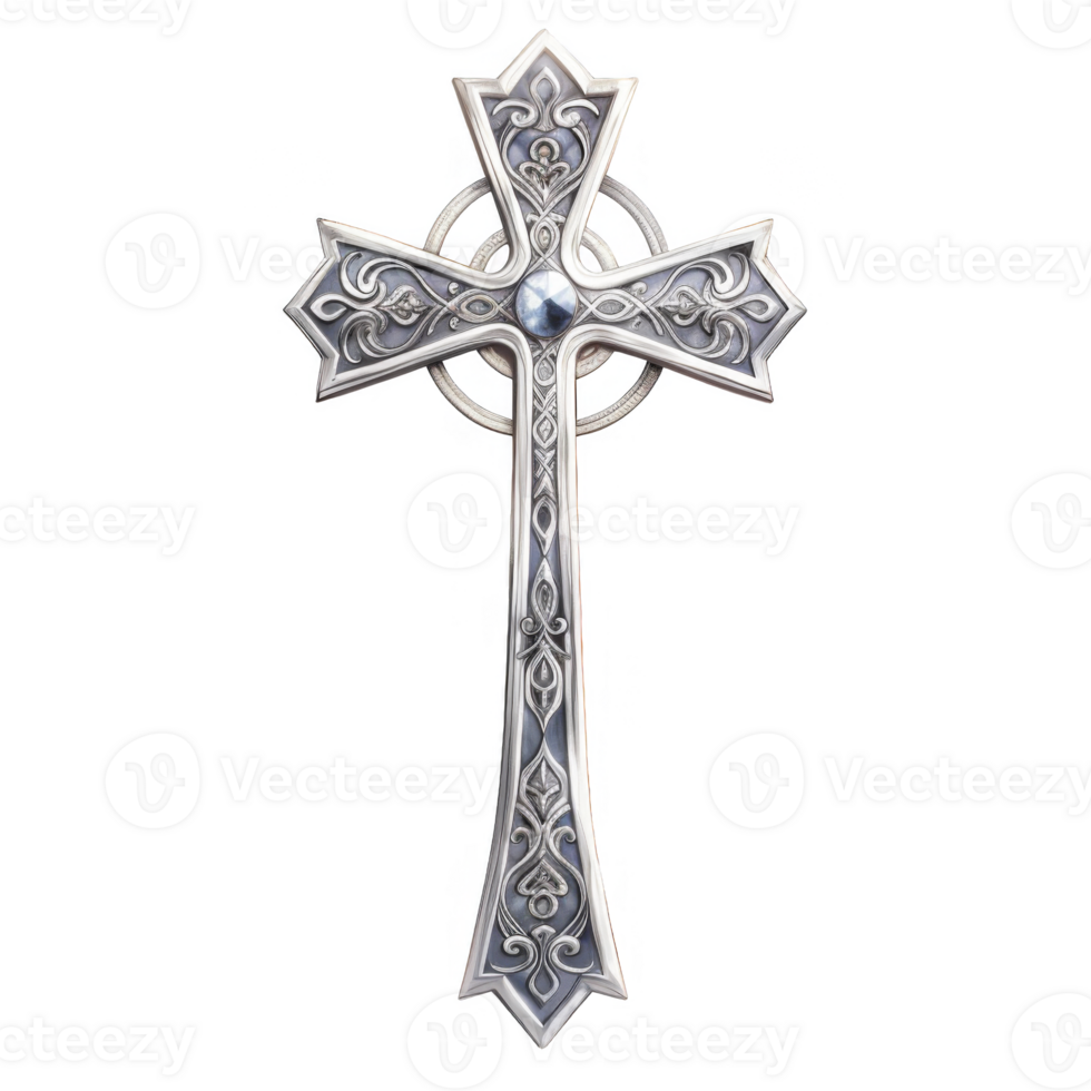 Ornate Celtic Cross with Intricate Silver Filigree and Central Gemstone png