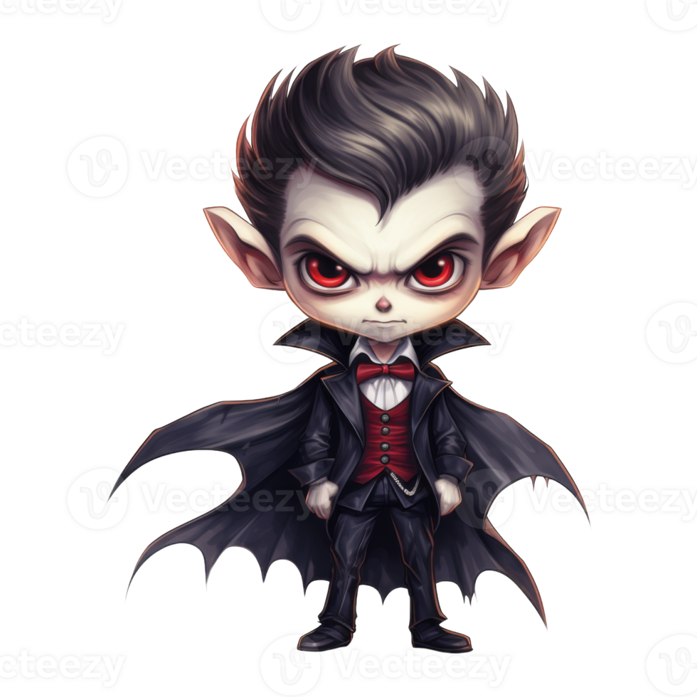 A chibi vampire boy in a dark suit and cape, glaring intensely. png