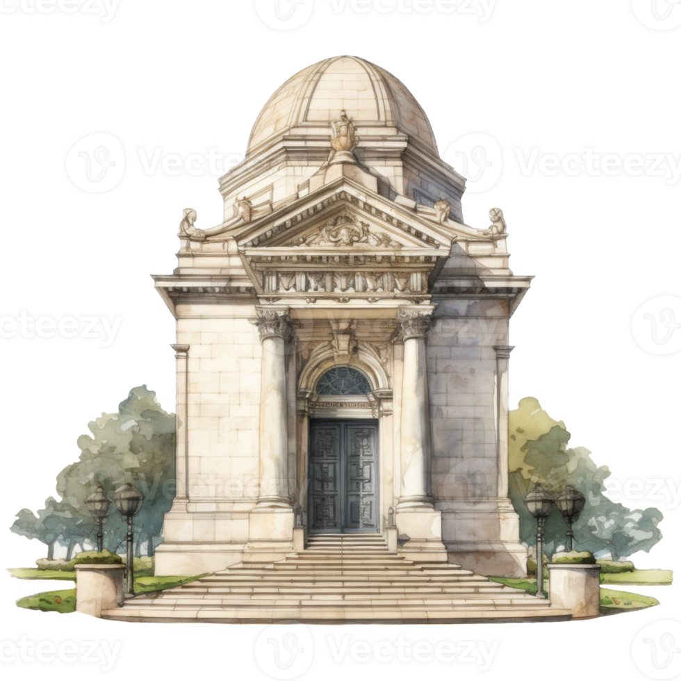 Neoclassical Mausoleum Architectural Watercolor Rendering with Domed Roof and Steps png