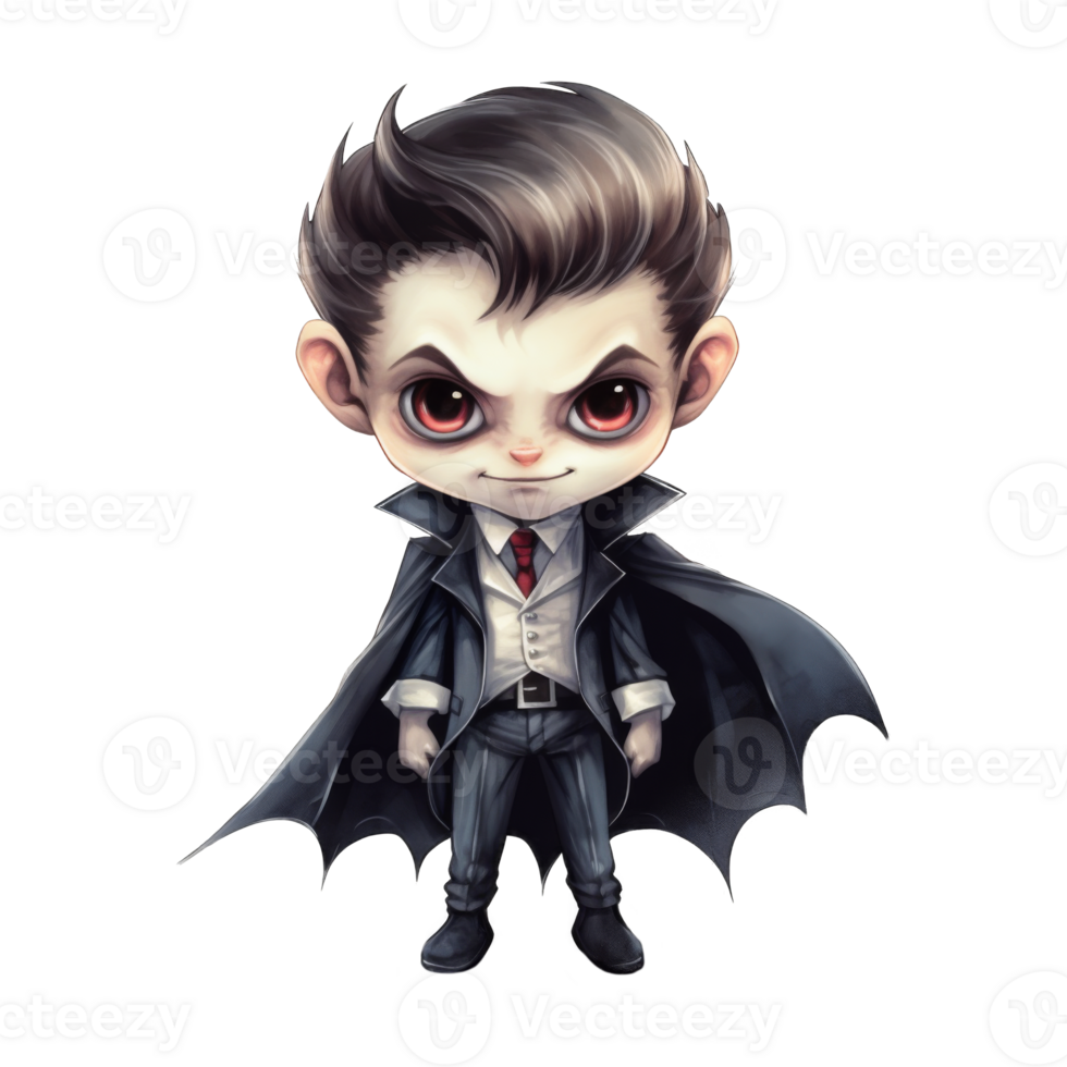 A charming chibi vampire boy in a suit and cape. png