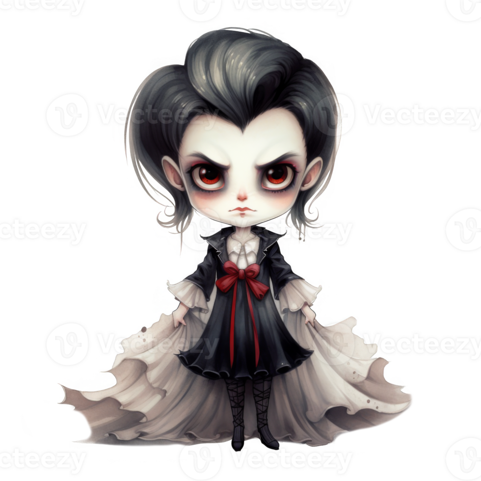 A Sulky, Dark-Haired Chibi Girl in an Elegant Black Dress png
