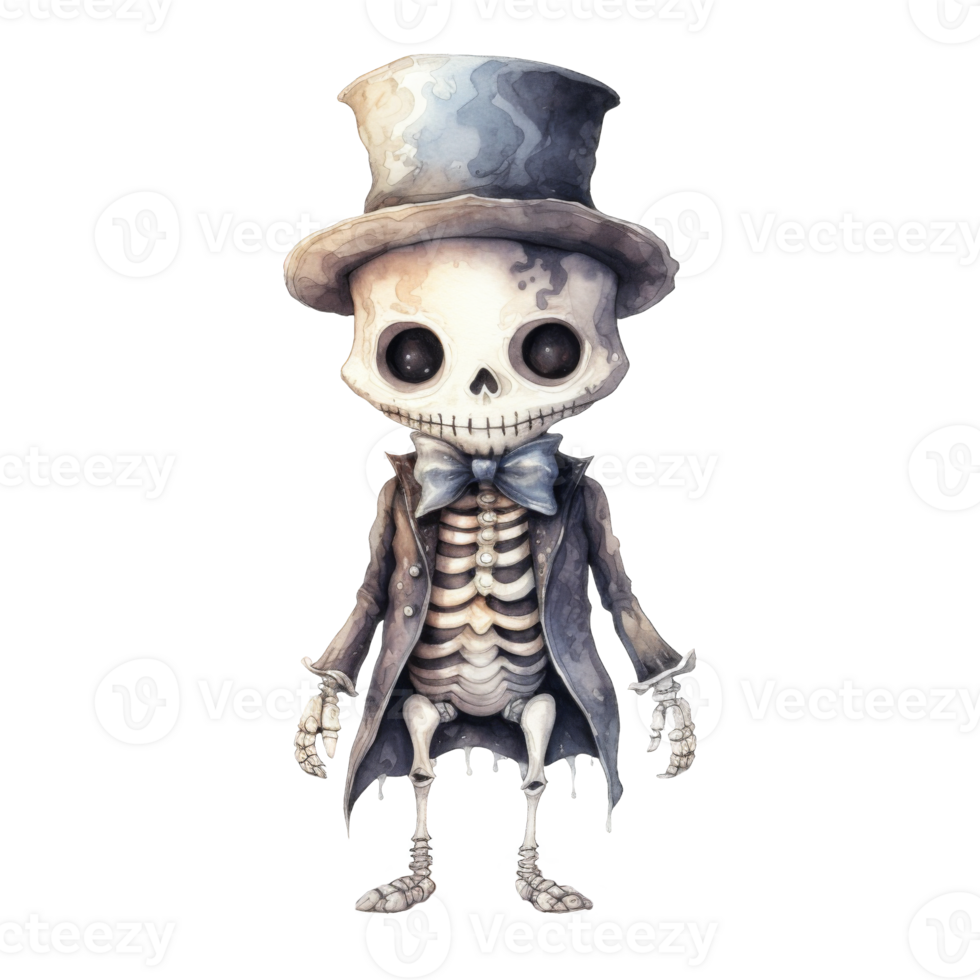 Dapper Skeleton Gentleman in Top Hat and Bow Tie, Watercolor Illustration png