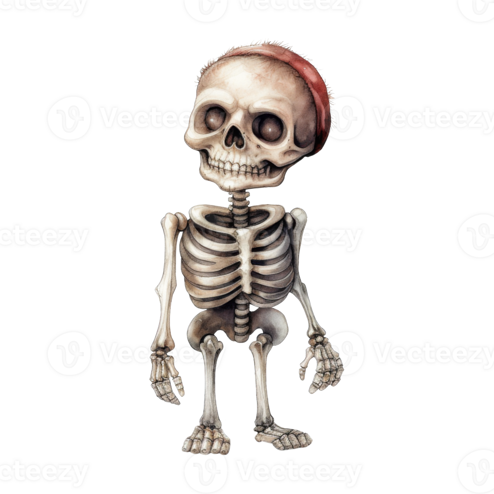 Whimsical Watercolor Rendering of a Small, Cartoonish Skeleton Wearing a Headband png