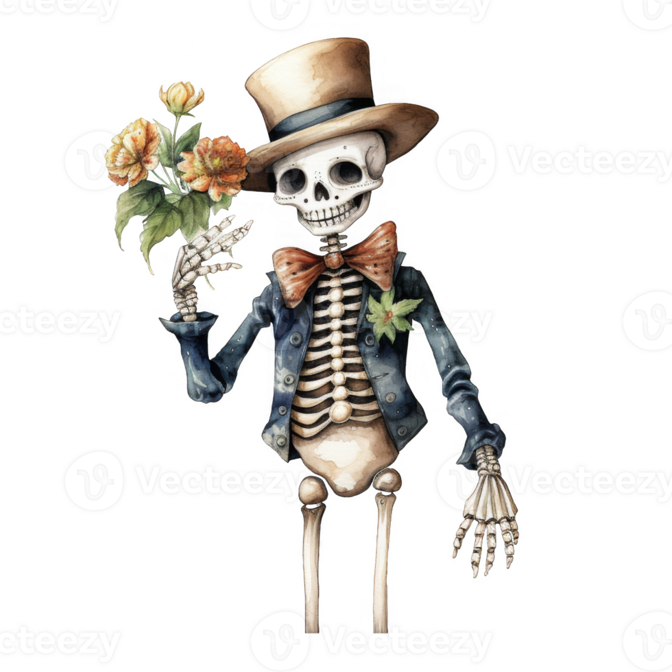 Dapper Skeleton Gentleman in Top Hat, Offering Flowers png